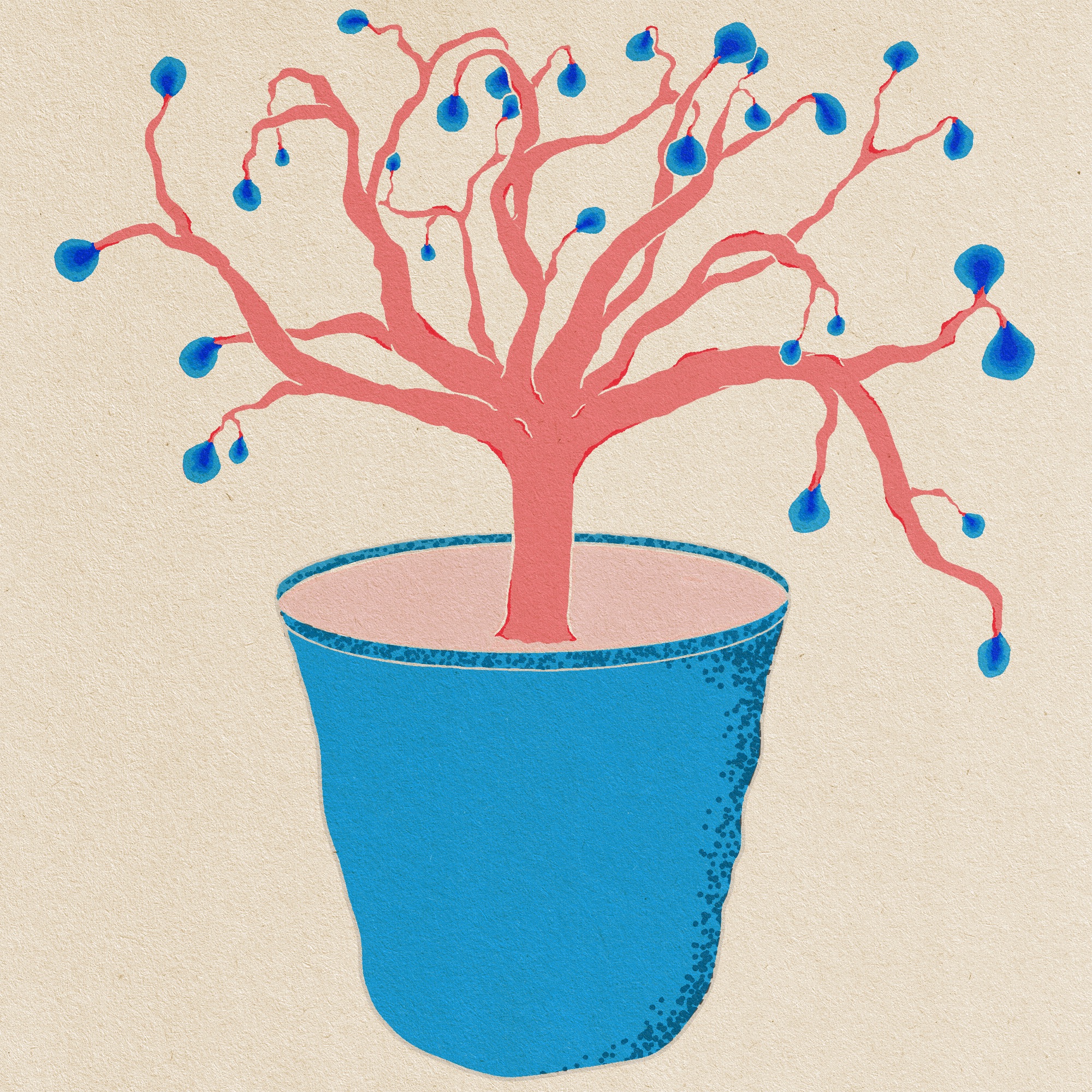 Filosofische illustratie in roze en blauw door Ester Smits